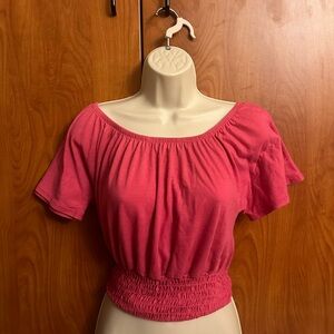 Women's Pink off shoulder Top sinched waist.